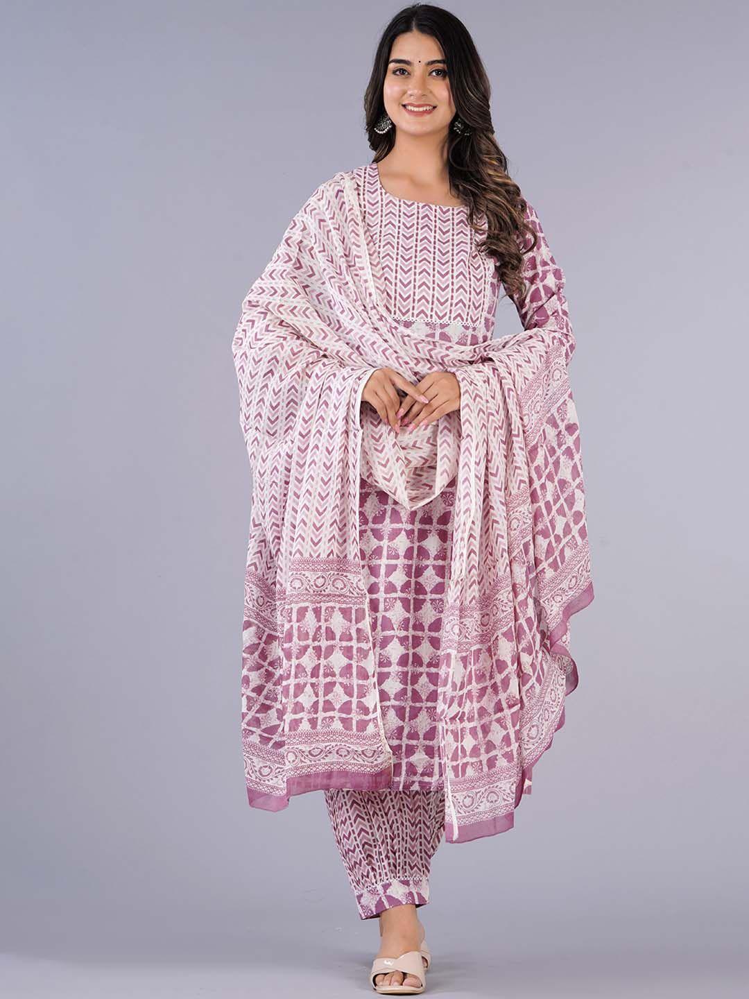 jaipuri collection geometric print pure cotton straight kurta with trousers & with dupatta