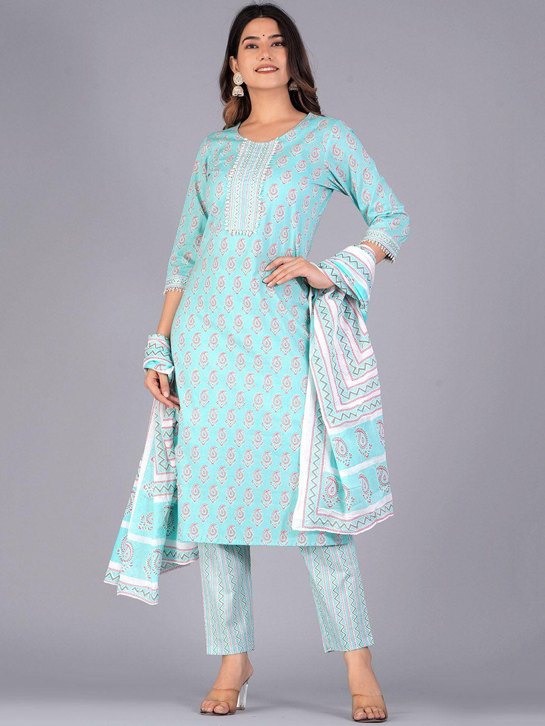 jaipuri collection paisley printed gotta patti pure cotton kurta with trousers & dupatta