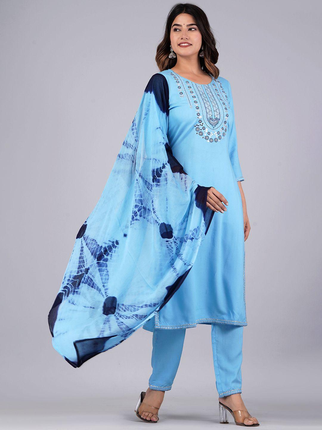 jaipuri collection paisley yoke design thread work straight kurta & trousers with dupatta