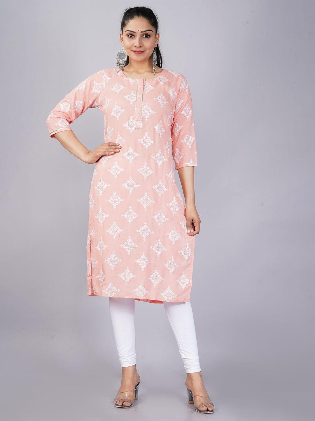 jaipuri collection peach-coloured floral printed kurta