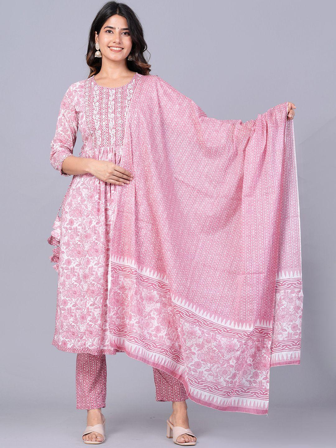 jaipuri collection printed a-line gotta patti pure cotton kurta with trousers & dupatta