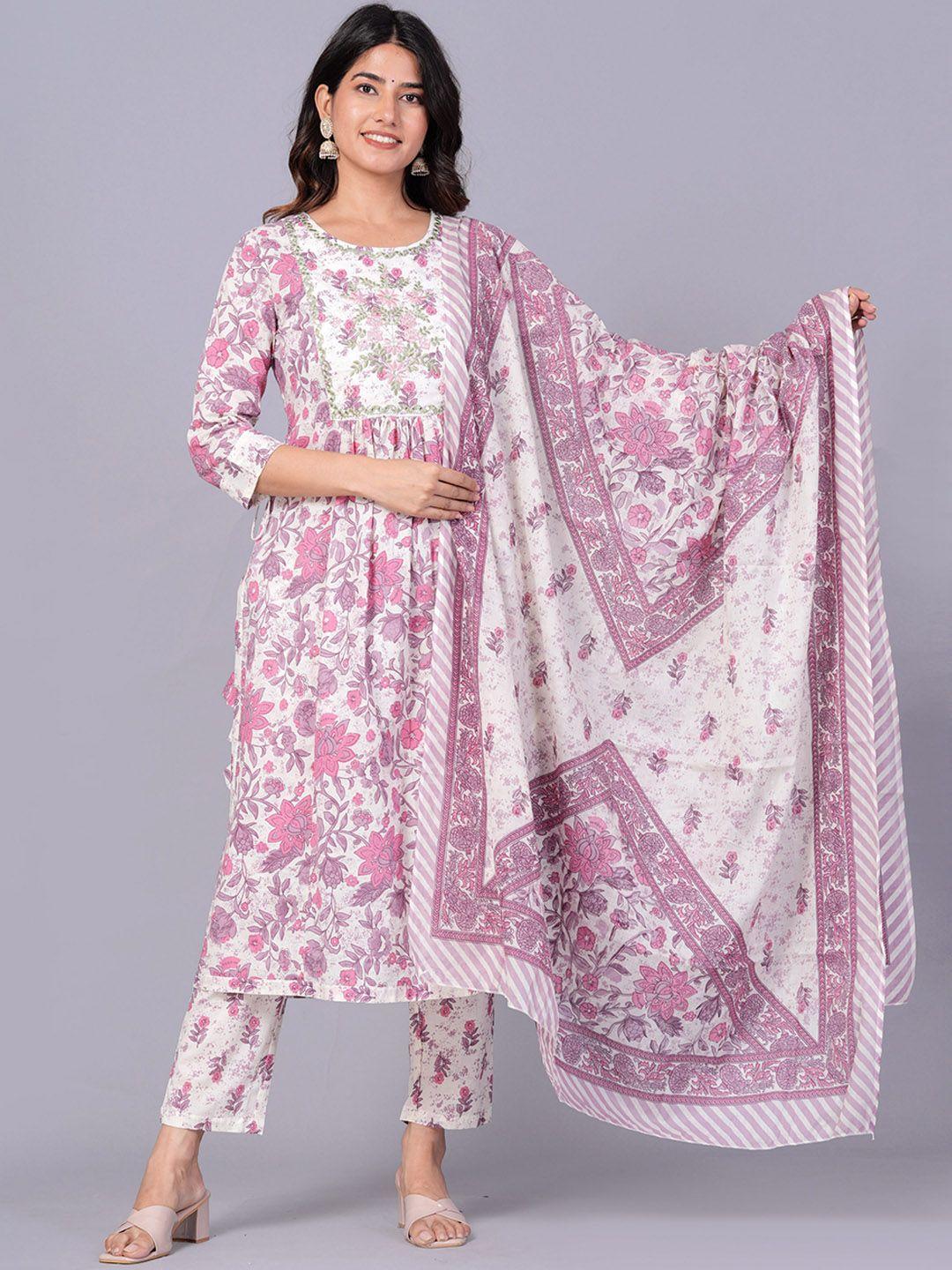 jaipuri collection printed thread work a-line pure cotton kurta with trousers & dupatta