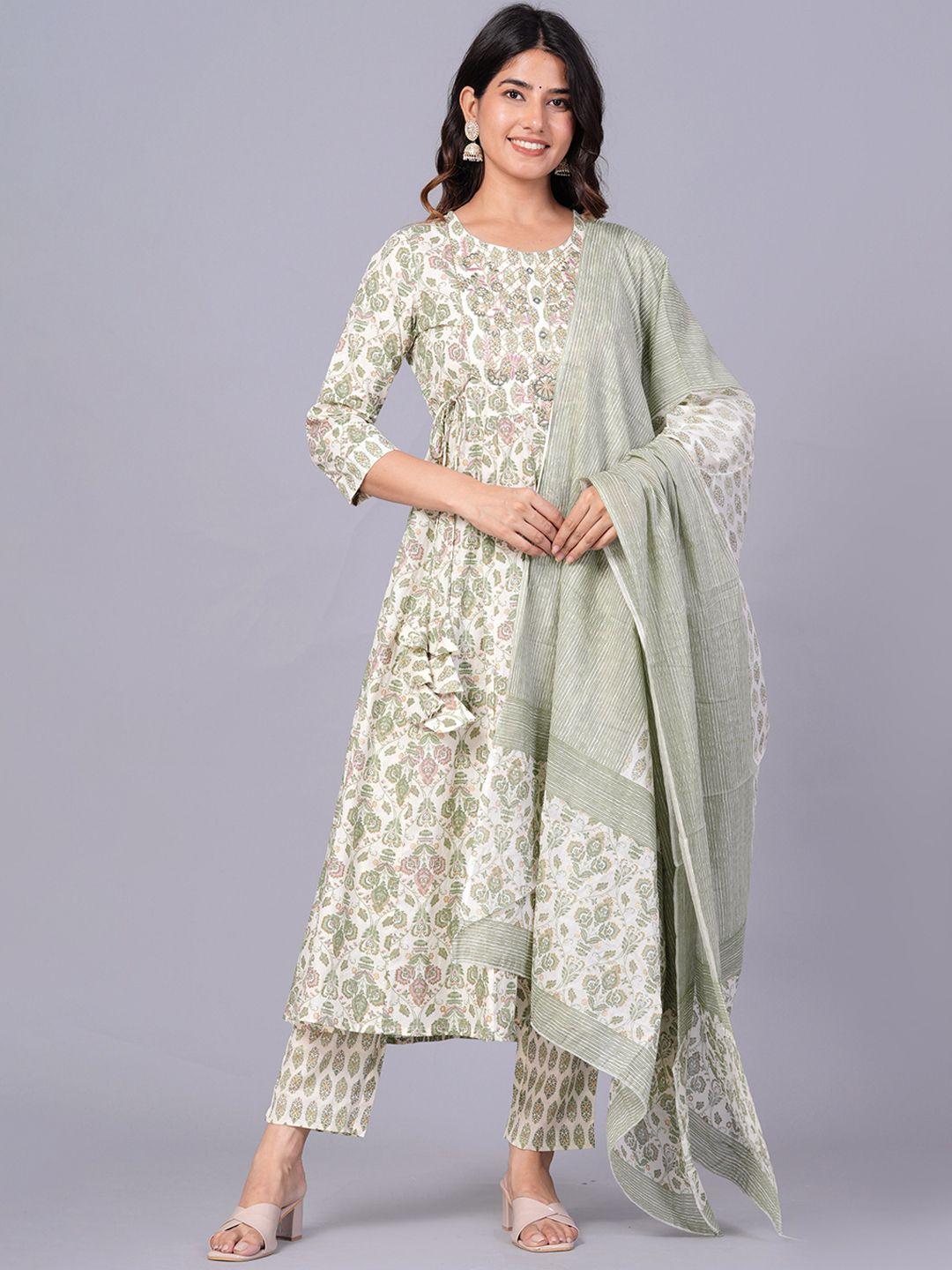 jaipuri collection printed thread work anarkali pure cotton kurta with trousers & dupatta