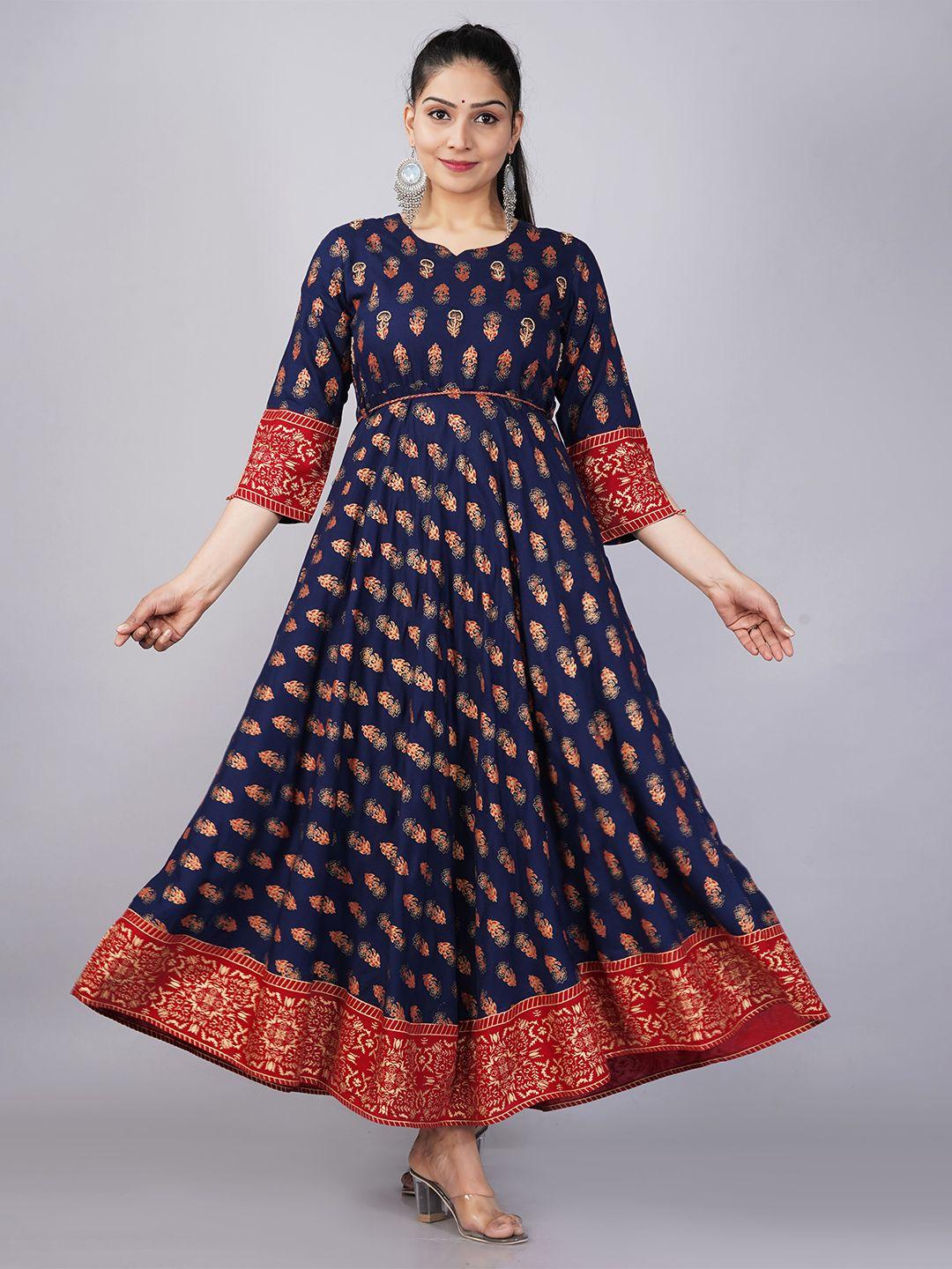 jaipuri collection women's navy blue & red ethnic motifs ethnic maxi dress