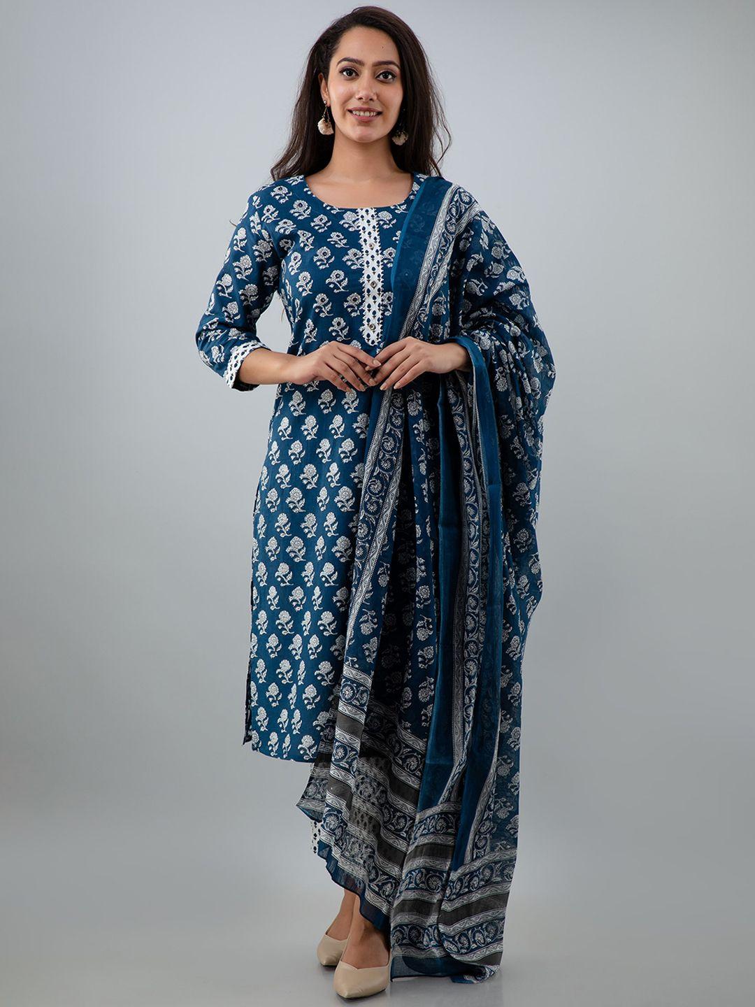 jaipuri collection women blue ethnic motifs printed pure cotton kurti with trousers