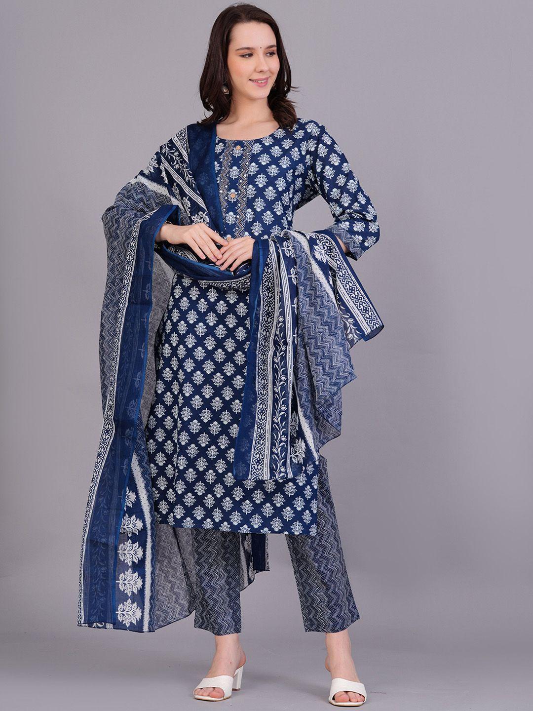 jaipuri collection women blue ethnic motifs printed regular beads and stones pure cotton kurta with pyjamas