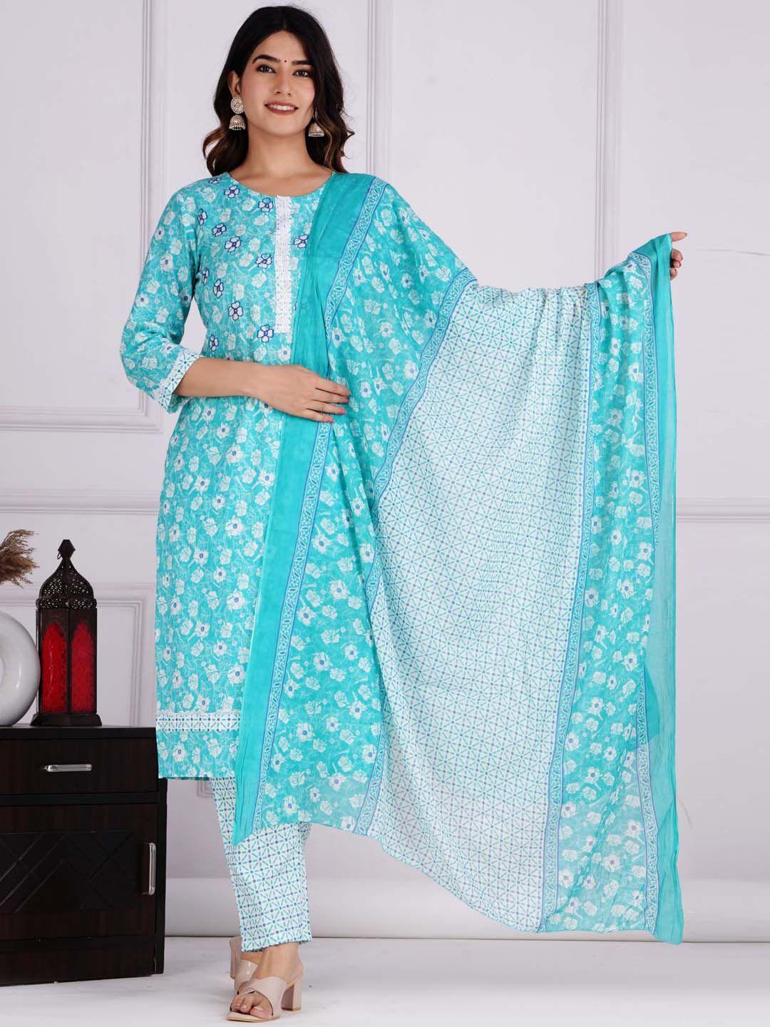 jaipuri collection women blue ethnic motifs printed regular pure cotton kurta with pyjamas & with dupatta