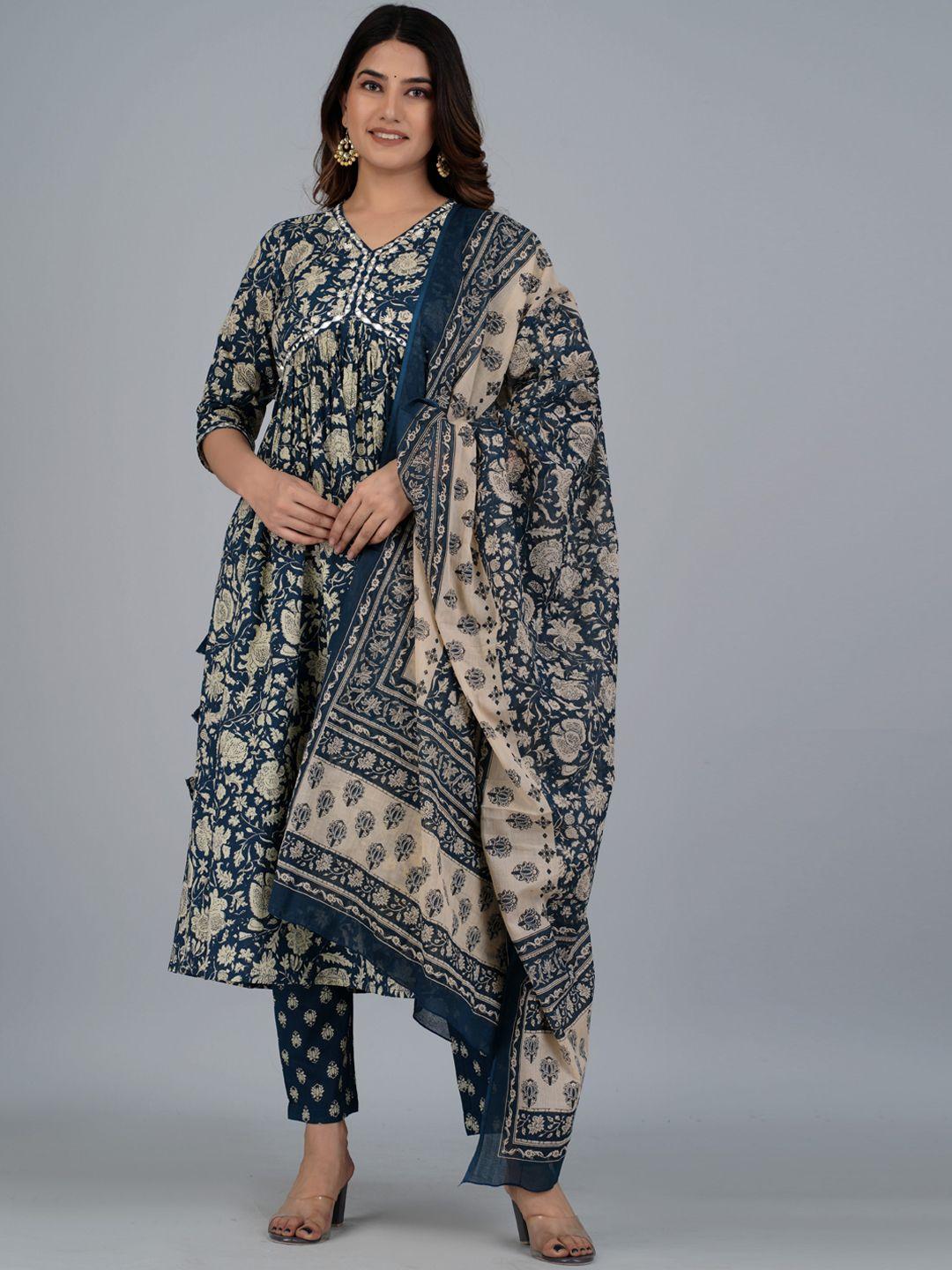 jaipuri collection women blue ethnic motifs printed regular pure cotton kurta with trousers & with dupatta