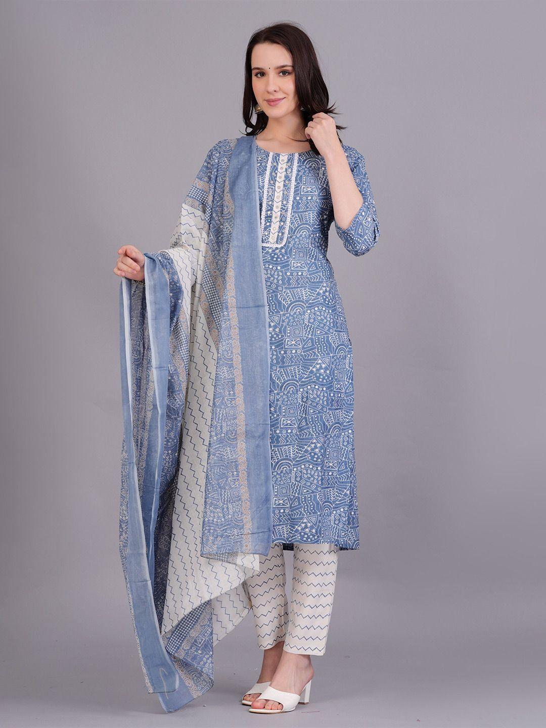 jaipuri collection women blue leheriya printed regular beads and stones pure cotton kurta with pyjamas &