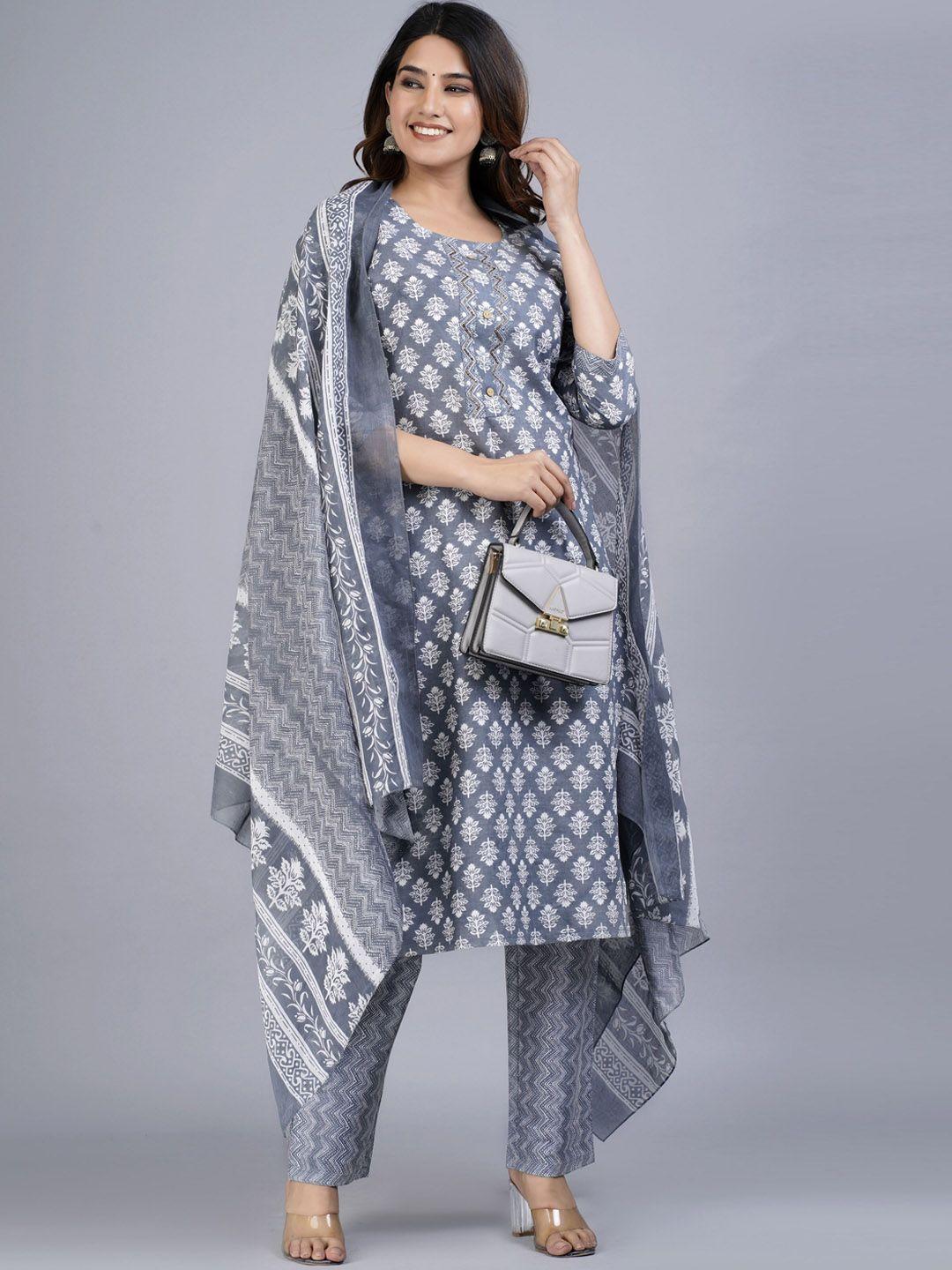 jaipuri collection women ethnic motifs printed pure cotton kurta with trousers & dupatta