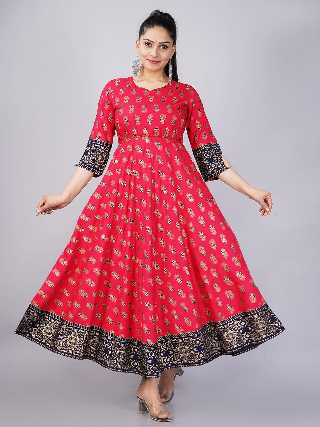 jaipuri collection women fuchsia & black floral printed floral anarkali kurta