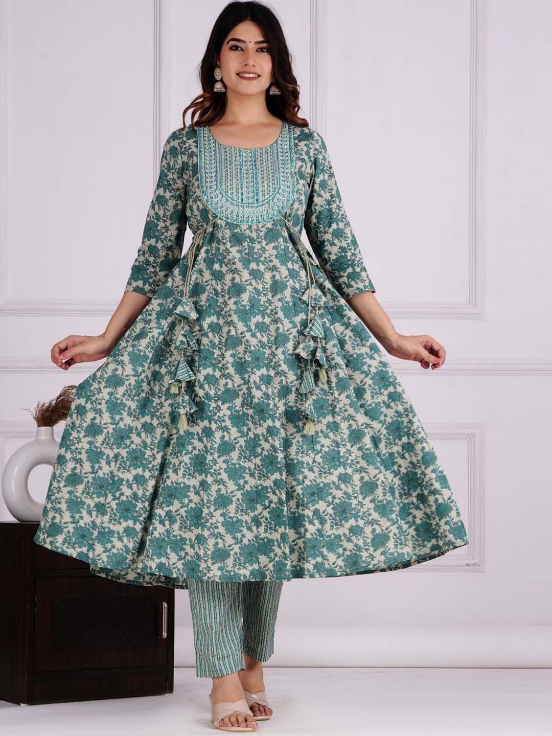 jaipuri collection women green floral printed regular pure cotton kurta with trousers & with dupatta