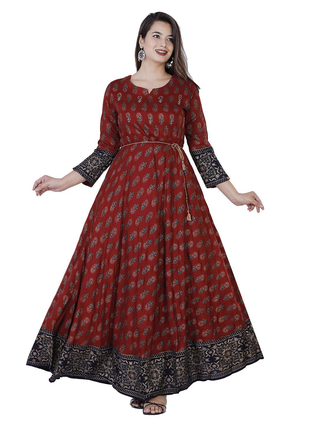 jaipuri collection women maroon & navy blue ethnic motifs printed anarkali kurta