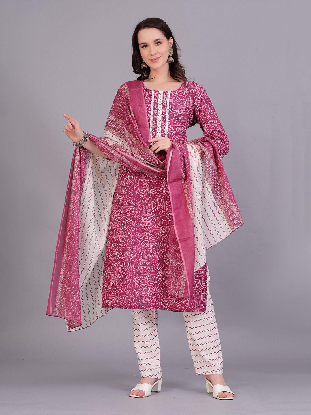 jaipuri collection women maroon leheriya printed regular beads and stones pure cotton kurta with pyjamas &