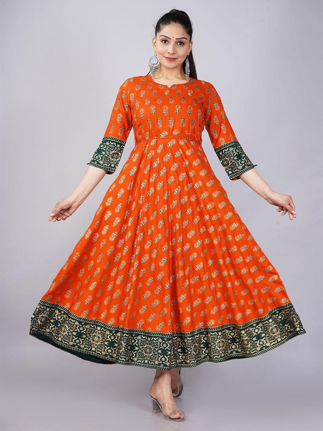 jaipuri collection women orange & golden ethnic motifs printed anarkali kurta