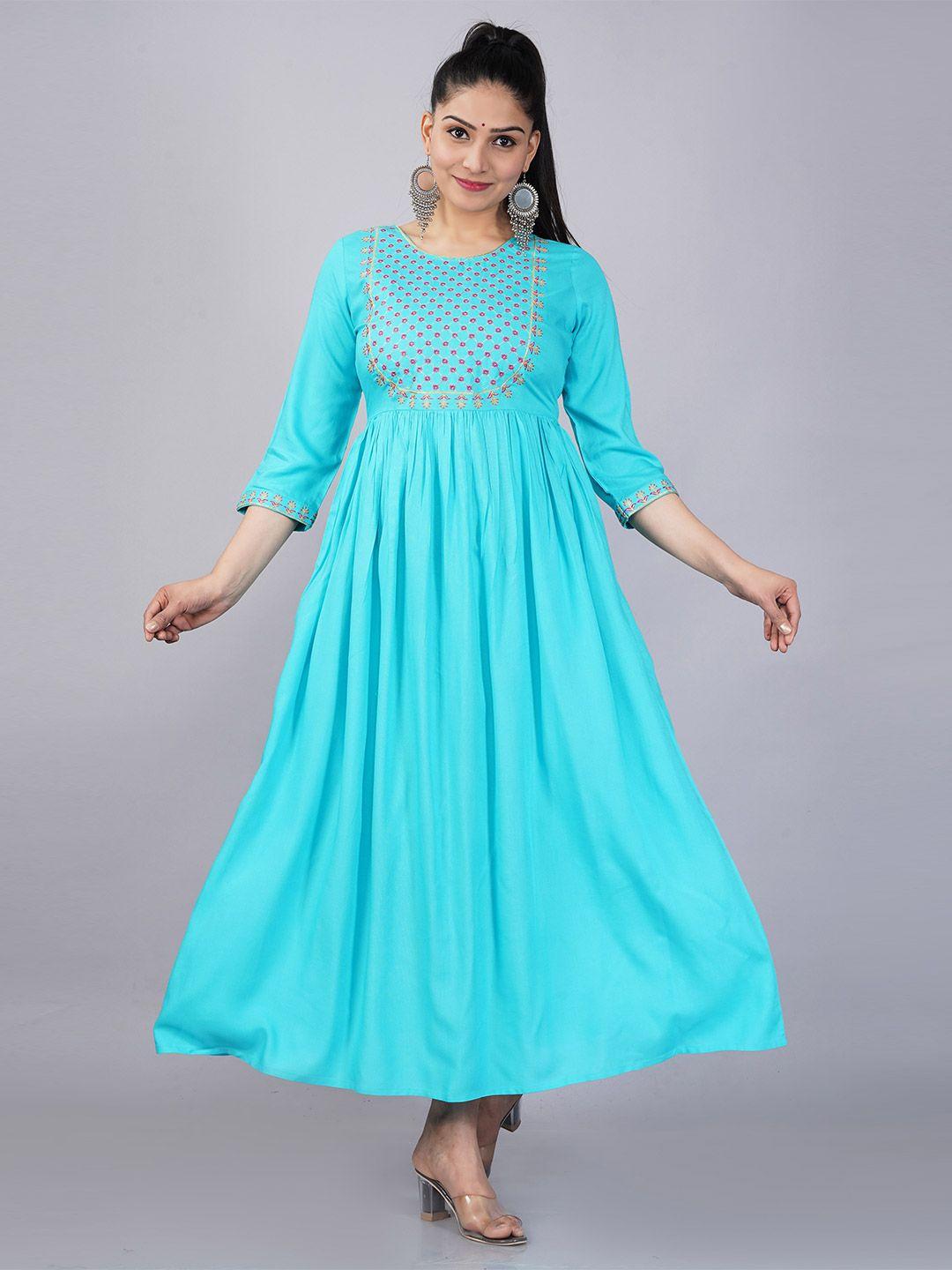 jaipuri collection women turquoise blue & pink floral embroidered anarkali kurta