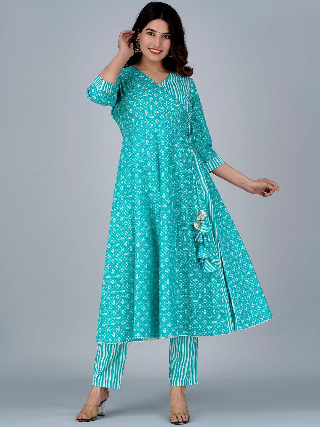 jaipuri collection women turquoise blue ethnic motifs printed angrakha gotta patti pure cotton kurta with