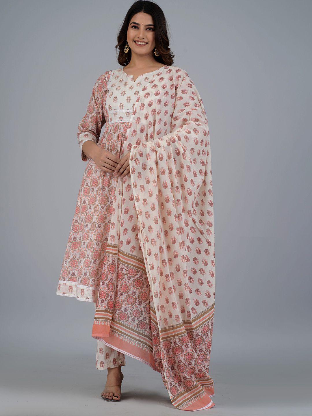 jaipuri collection women white ethnic motifs printed empire pure cotton kurta with trousers & with dupatta