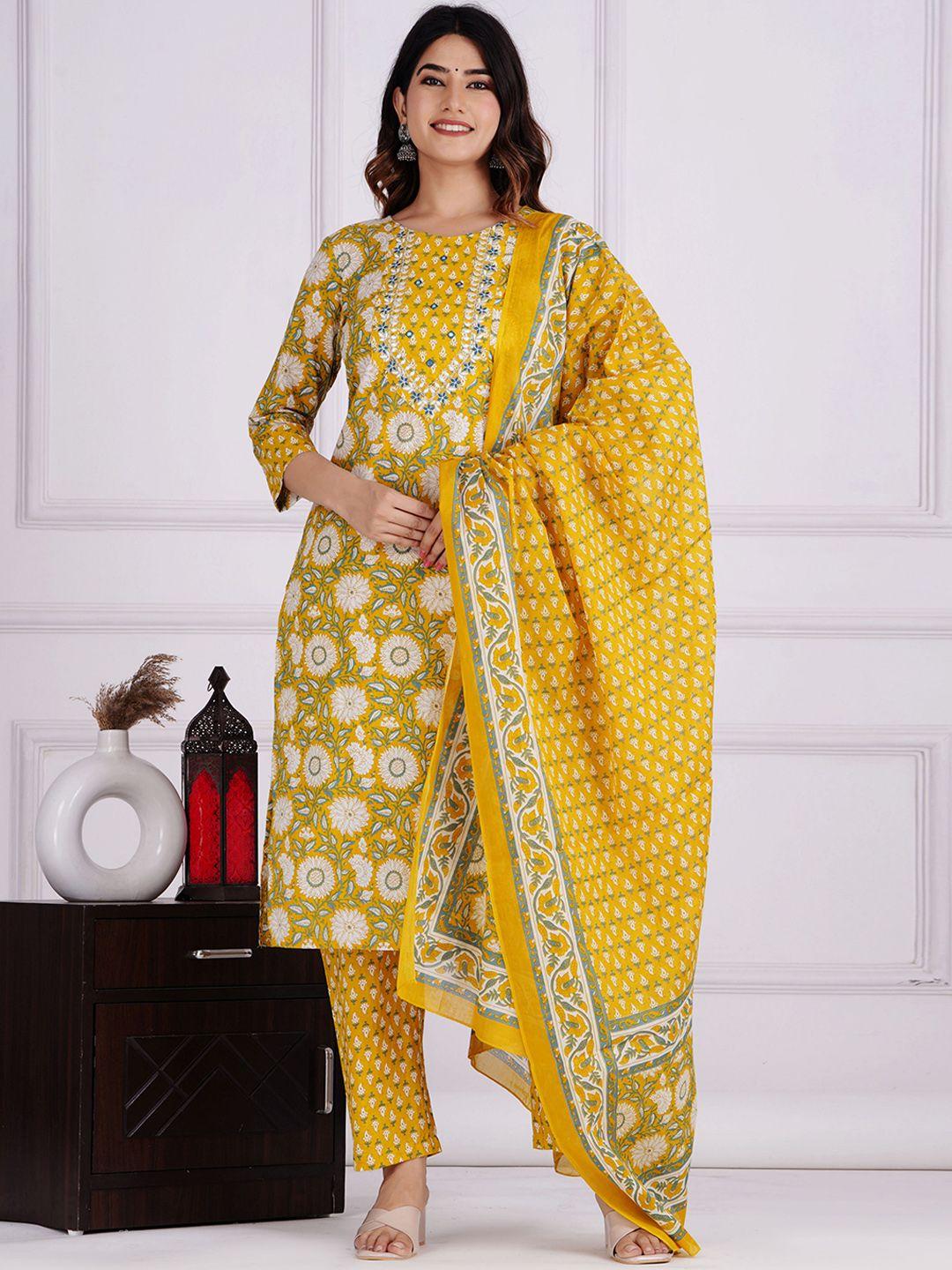 jaipuri collection women yellow ethnic motifs printed regular pure cotton kurta with pyjamas & with dupatta