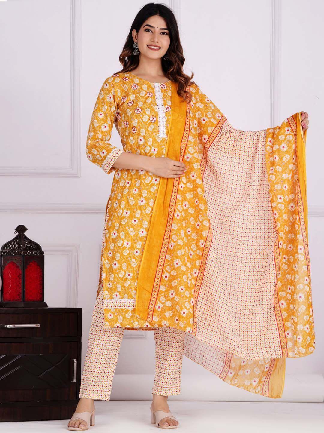 jaipuri collection women yellow ethnic motifs printed regular pure cotton kurta with pyjamas & with dupatta