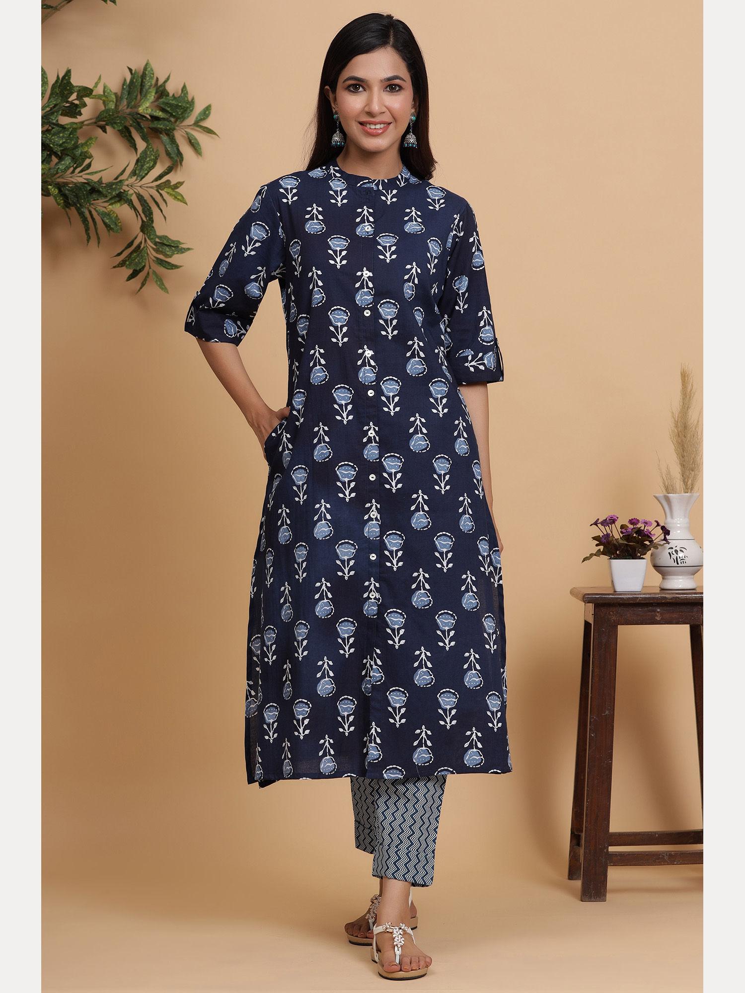 jaipuri flower printed blue straight fit kurta