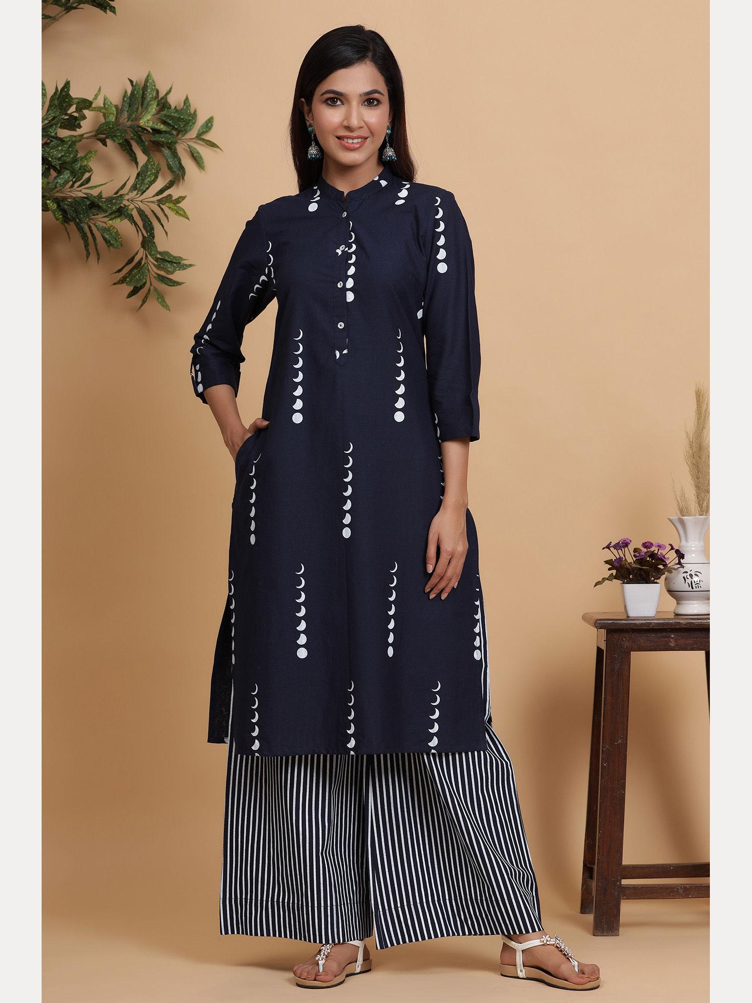 jaipuri moon shades printed navy straight fit kurta