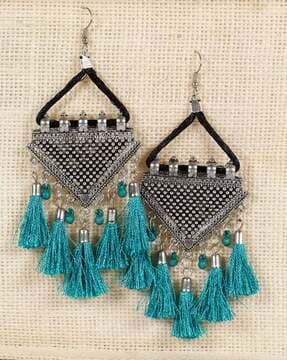 jaipuri tribal oxidized teal tassel earrings