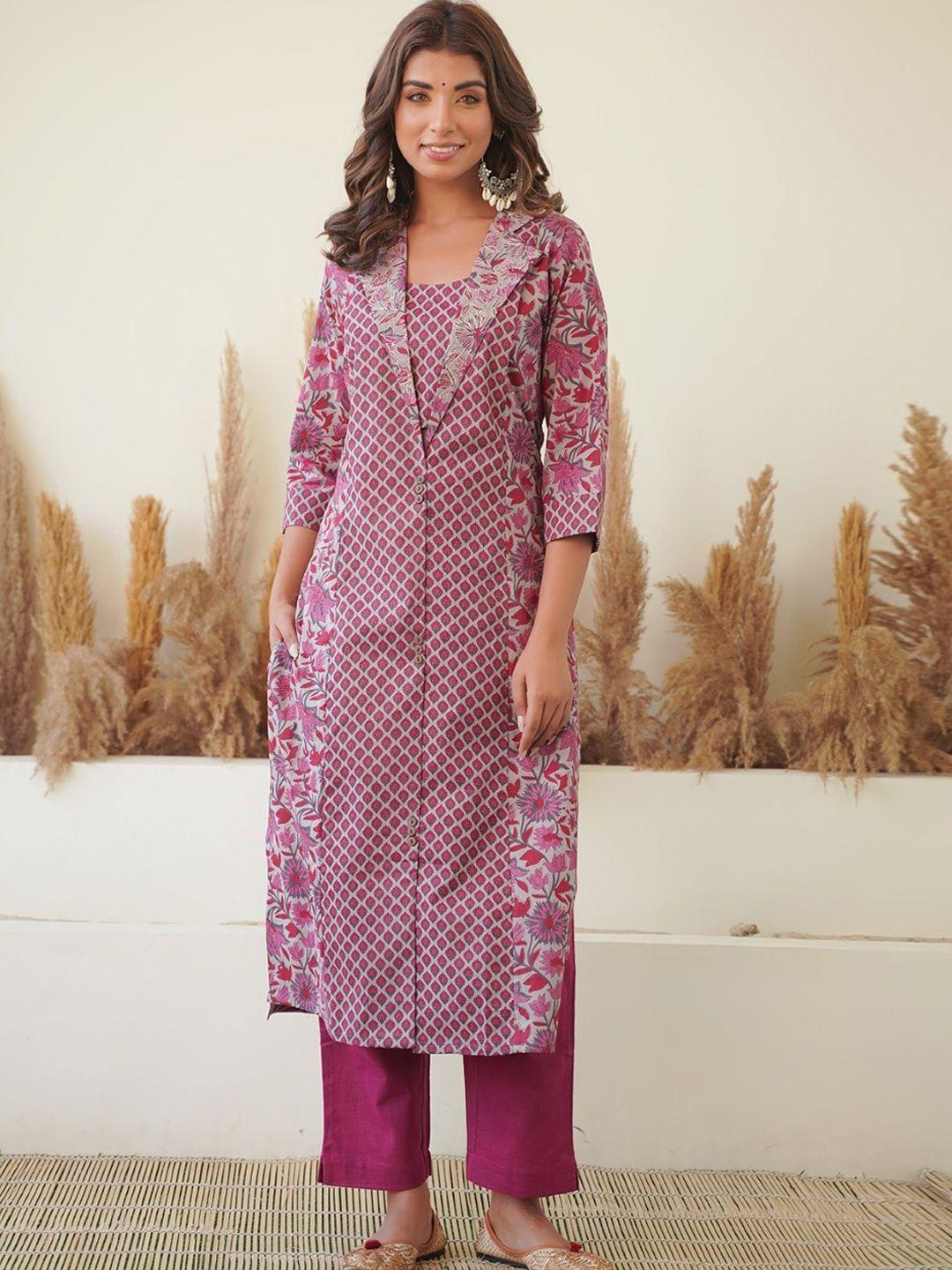 jaipuribanno ethnic motifs  printed regular pure cotton kurta with trousers & dupatta