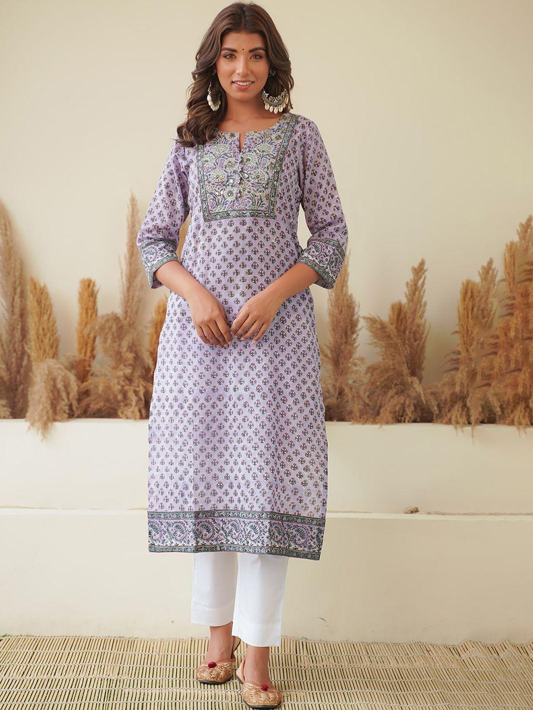 jaipuribanno ethnic motifs printed mirror work pure cotton straight kurta with trousers