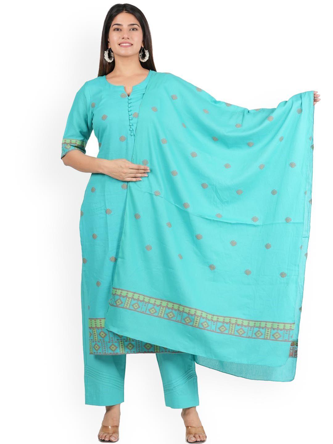 jaipuribanno ethnic motifs printed pure cotton straight kurta & trousers with dupatta