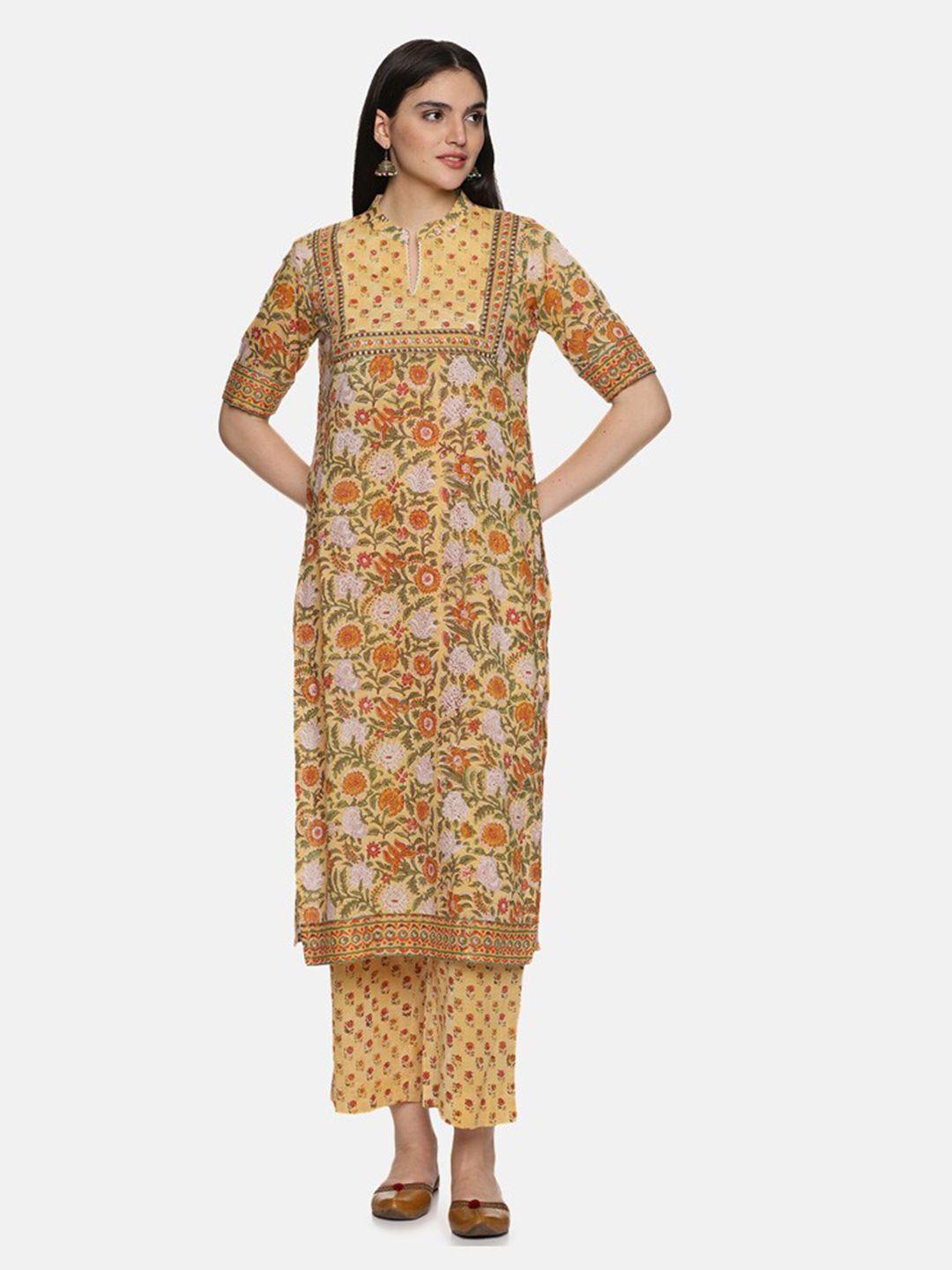 jaipuribanno ethnic motifs printed pure cotton straight kurta with palazzos