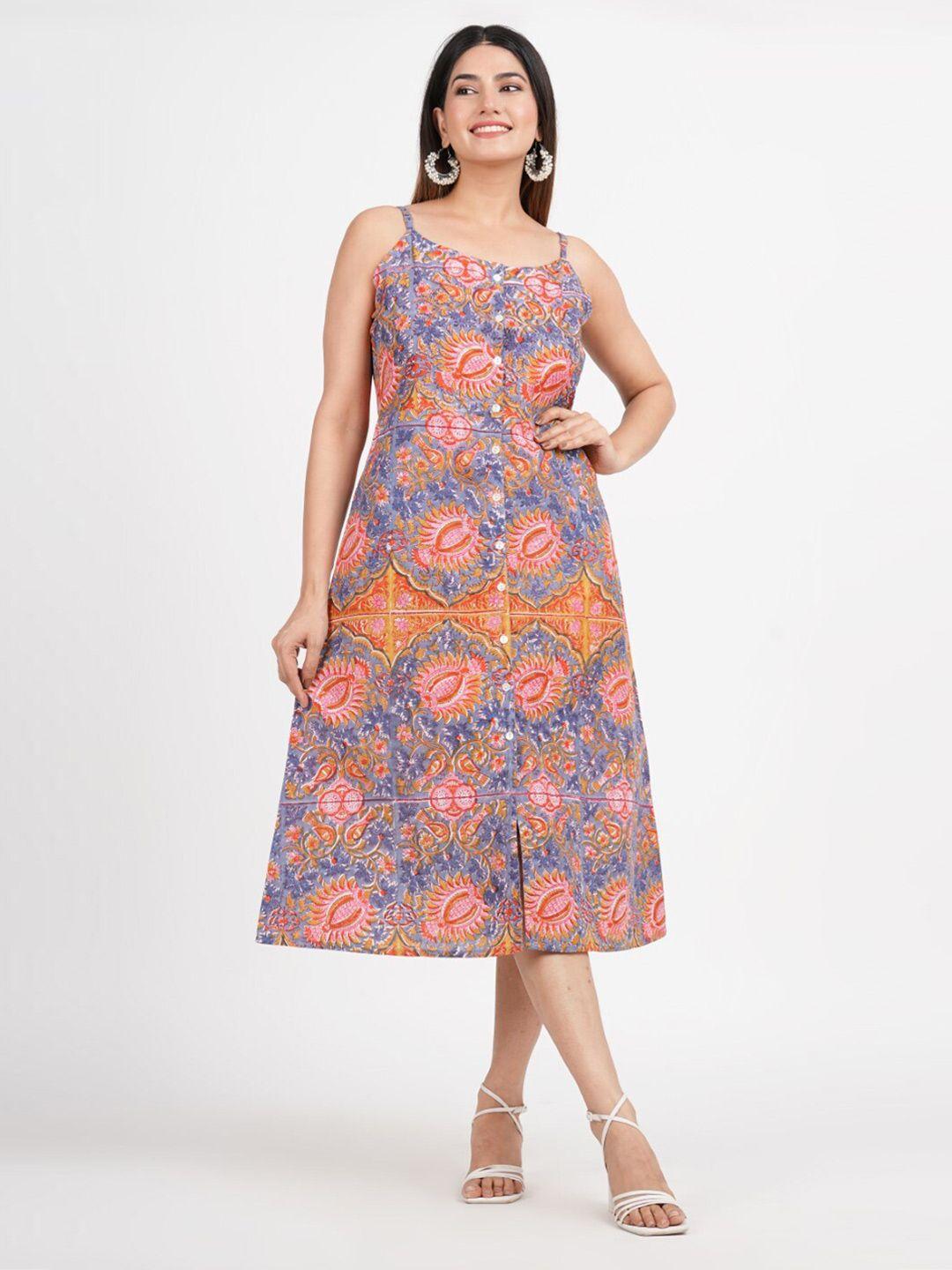 jaipuribanno ethnic motifs printed shoulder straps cotton a-line midi dress