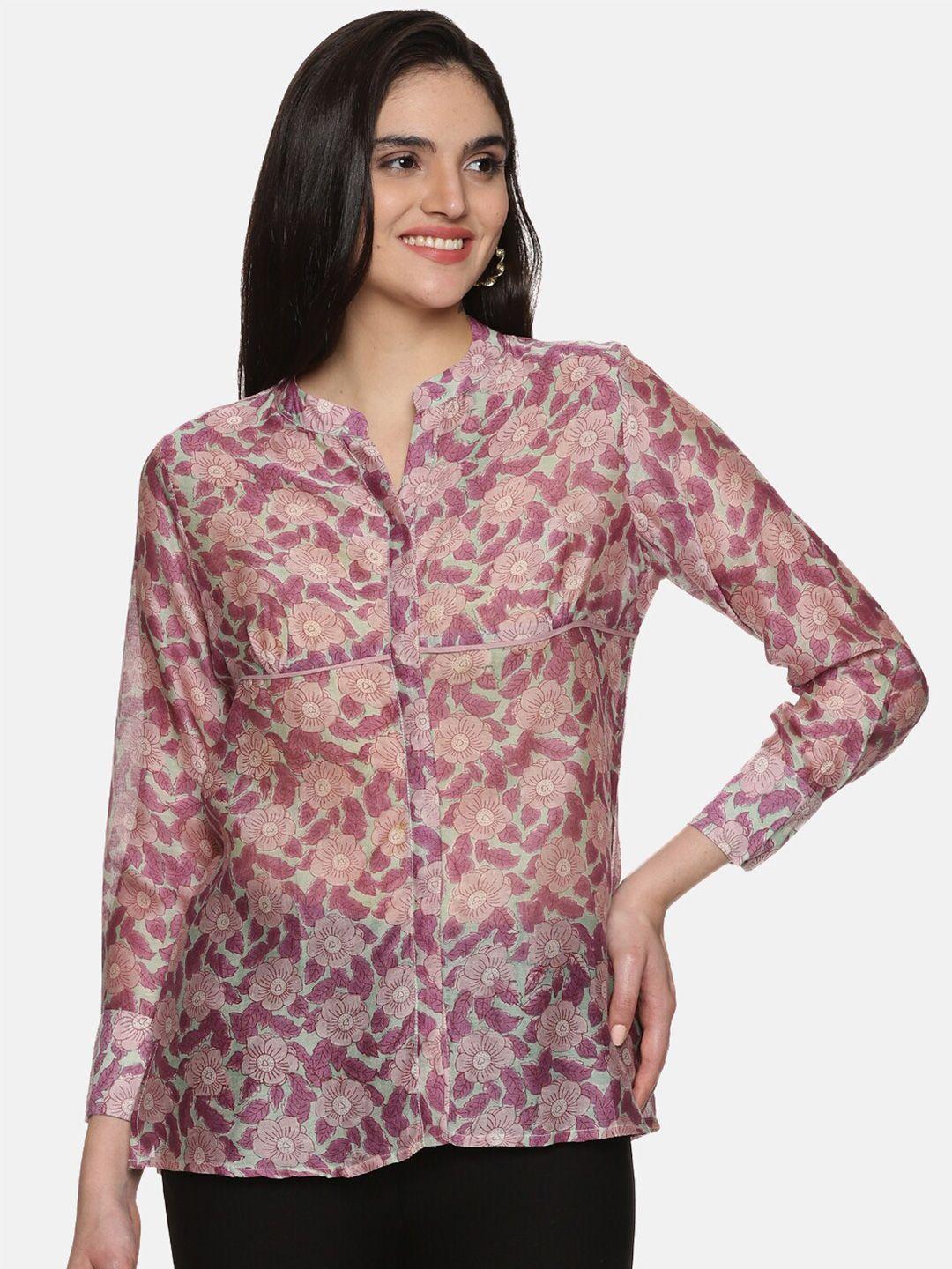 jaipuribanno floral printed mandarin collar shirt style top