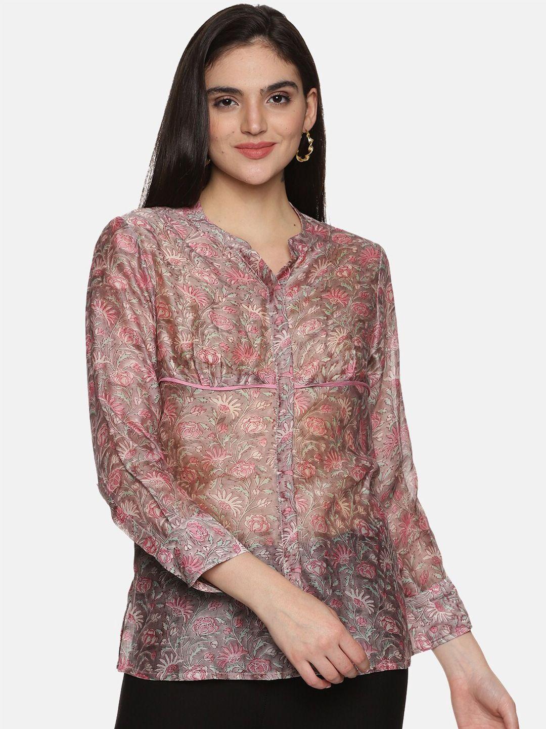 jaipuribanno floral printed mandarin collar shirt style top