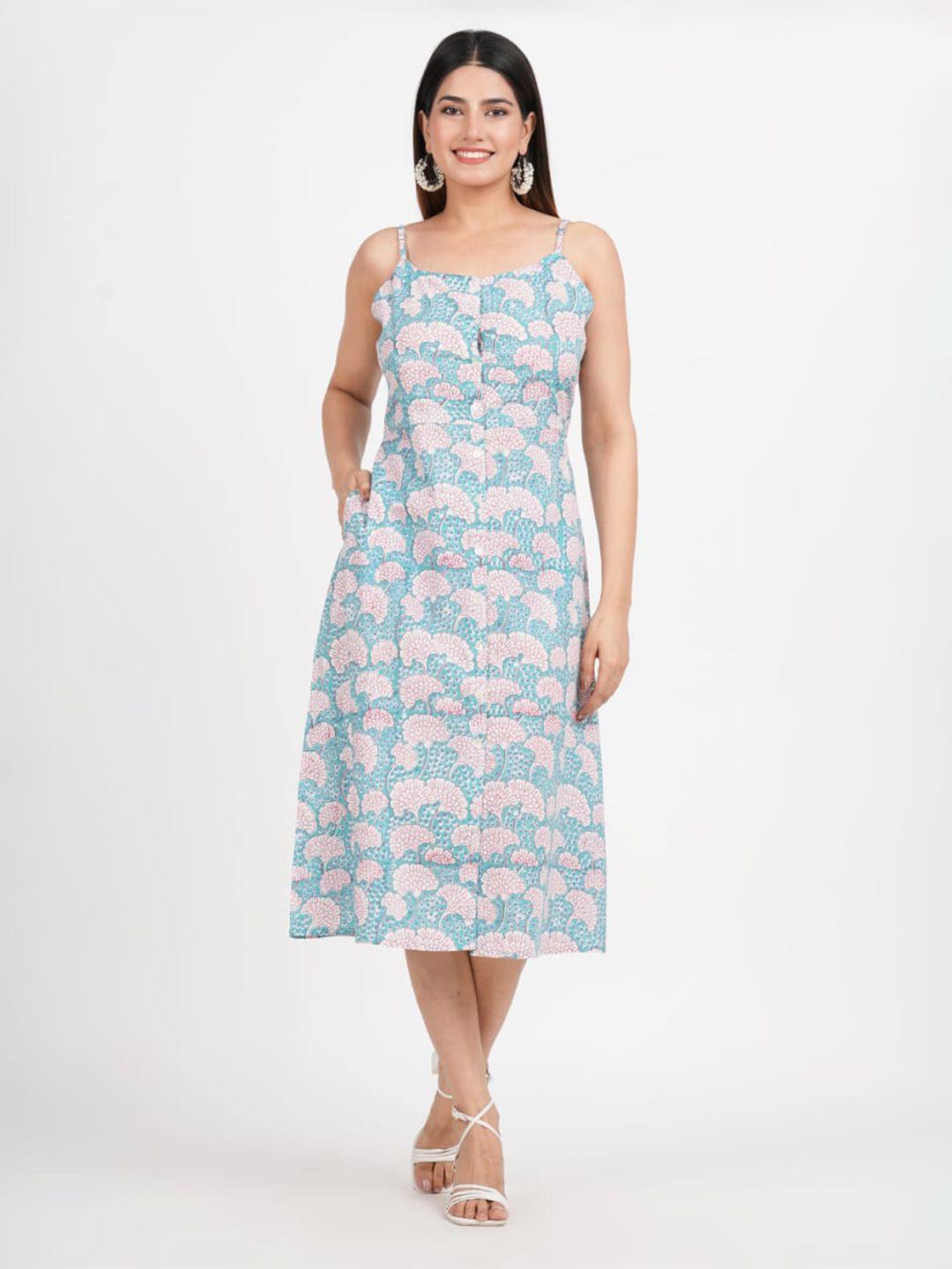 jaipuribanno floral printed shoulder strap cotton a-line midi dress