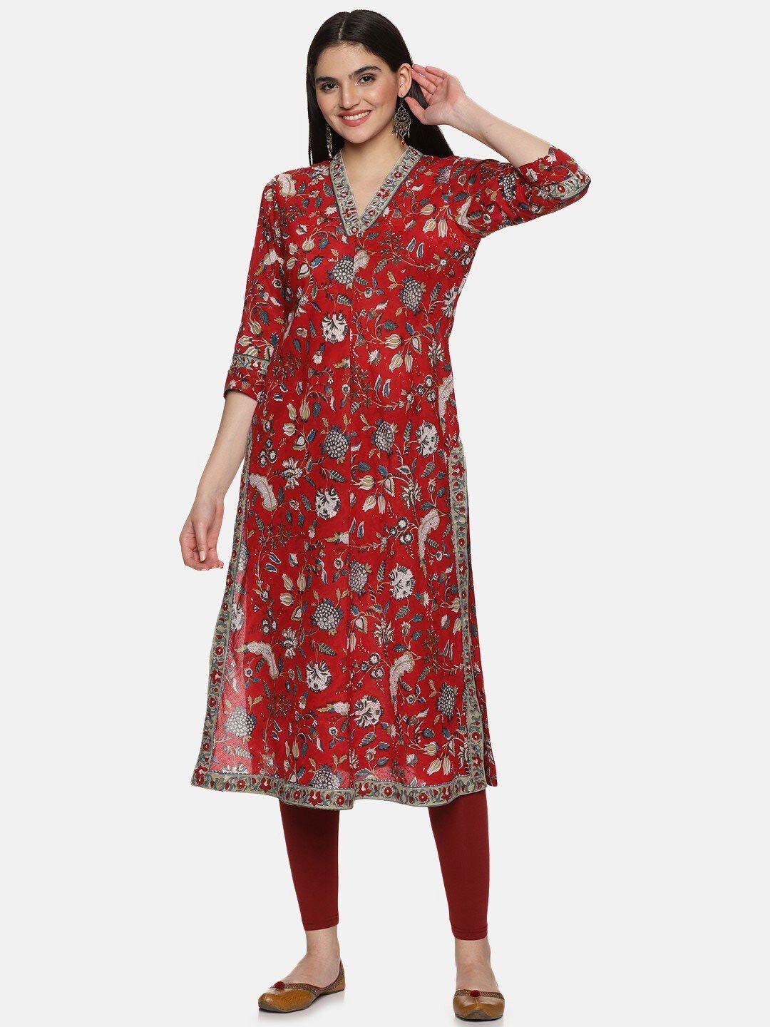 jaipuribanno floral printed v-neck cotton straight kurta