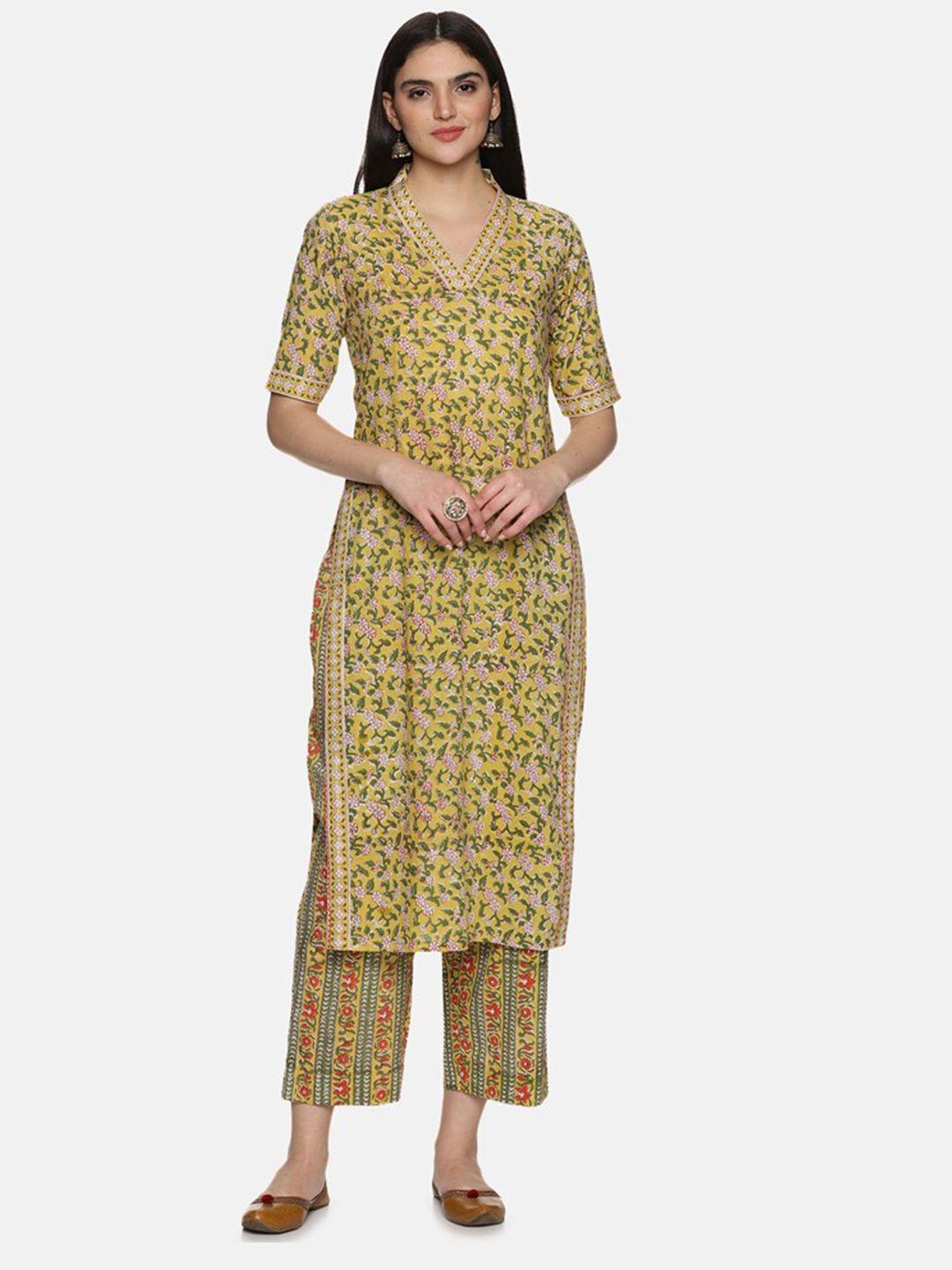 jaipuribanno floral printed v-neck pure cotton straight kurta and palazzos