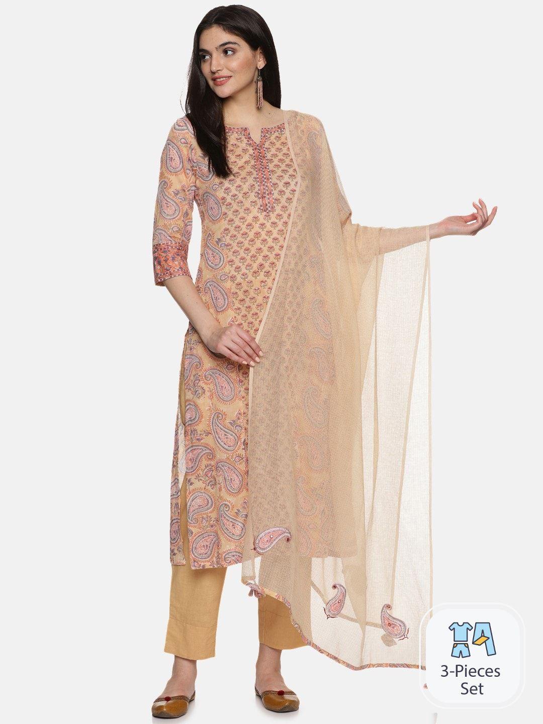 jaipuribanno women beige ethnic motifs printed regular pure cotton kurta with trousers & with dupatta