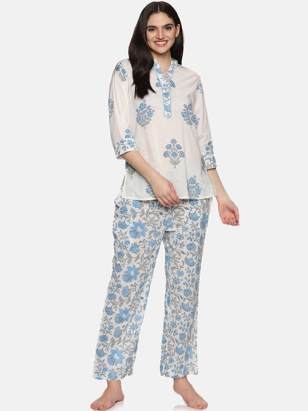 jaipuribanno women blue floral printed regular pure cotton top with trousers