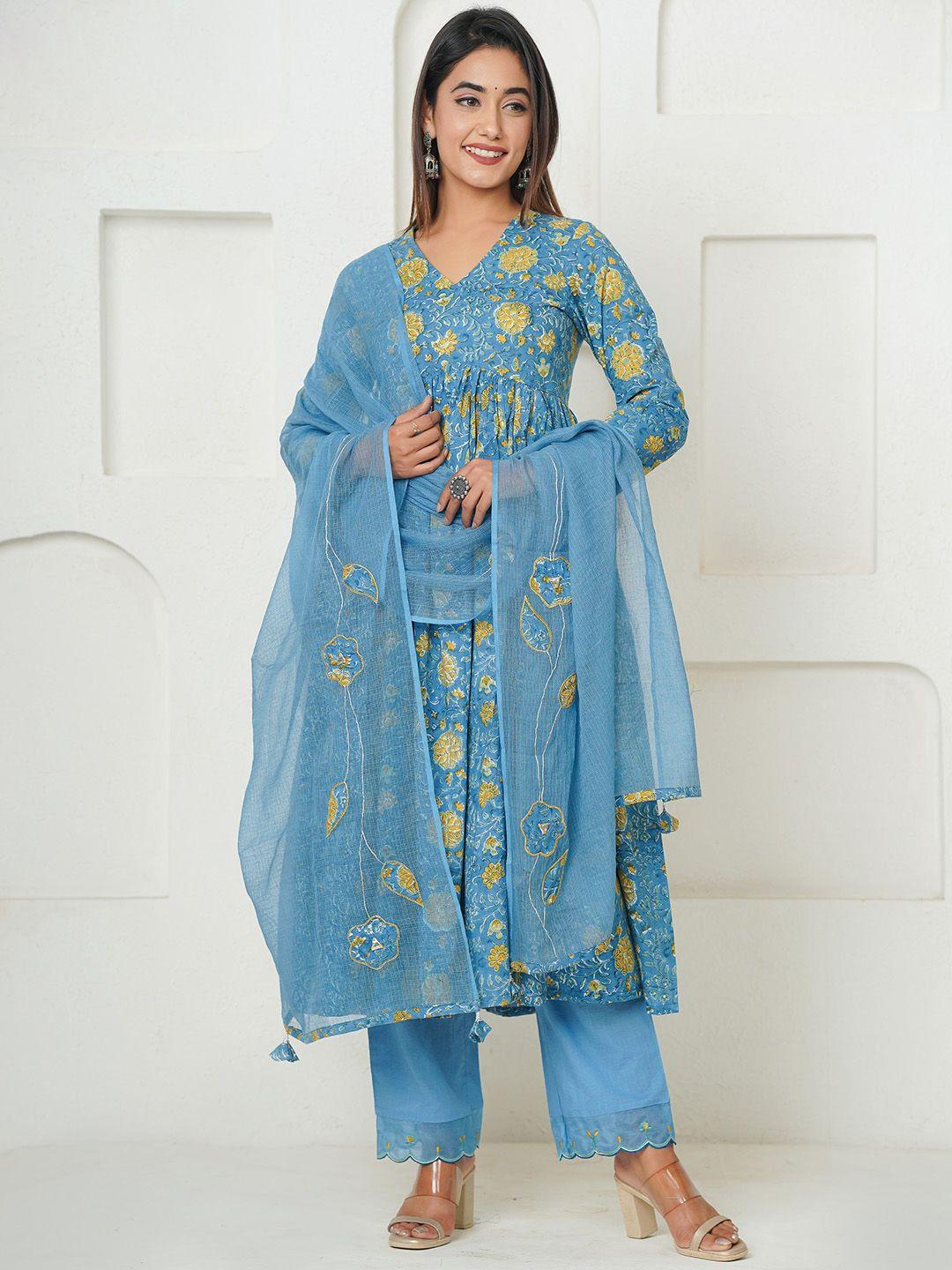 jaipuribanno women floral printed empire patchwork pure cotton kurta with palazzos & with dupatta