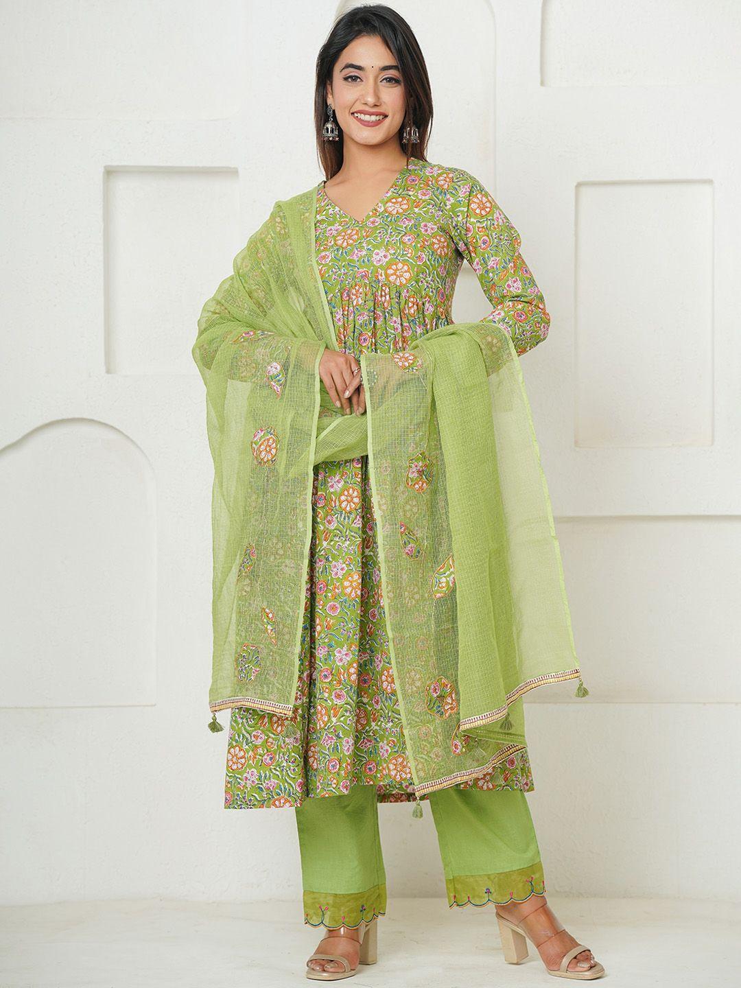 jaipuribanno women floral printed empire patchwork pure cotton kurta with trousers & with dupatta