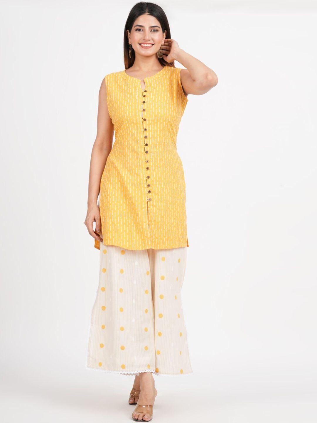 jaipuribanno women yellow printed regular pure cotton kurti with palazzos