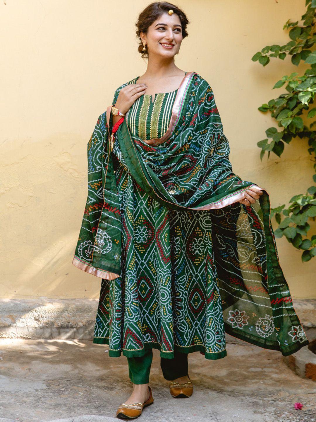 jaipuriya fab private limited women green bandhani printed empire gotta patti pure cotton kurta with pyjamas