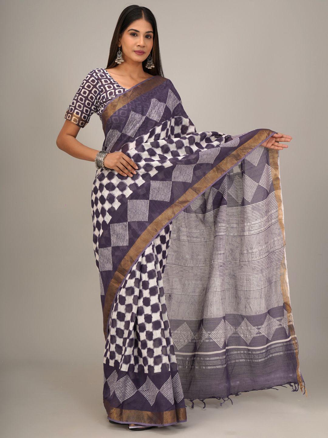 jalther ethnic motifs linen blend block print saree