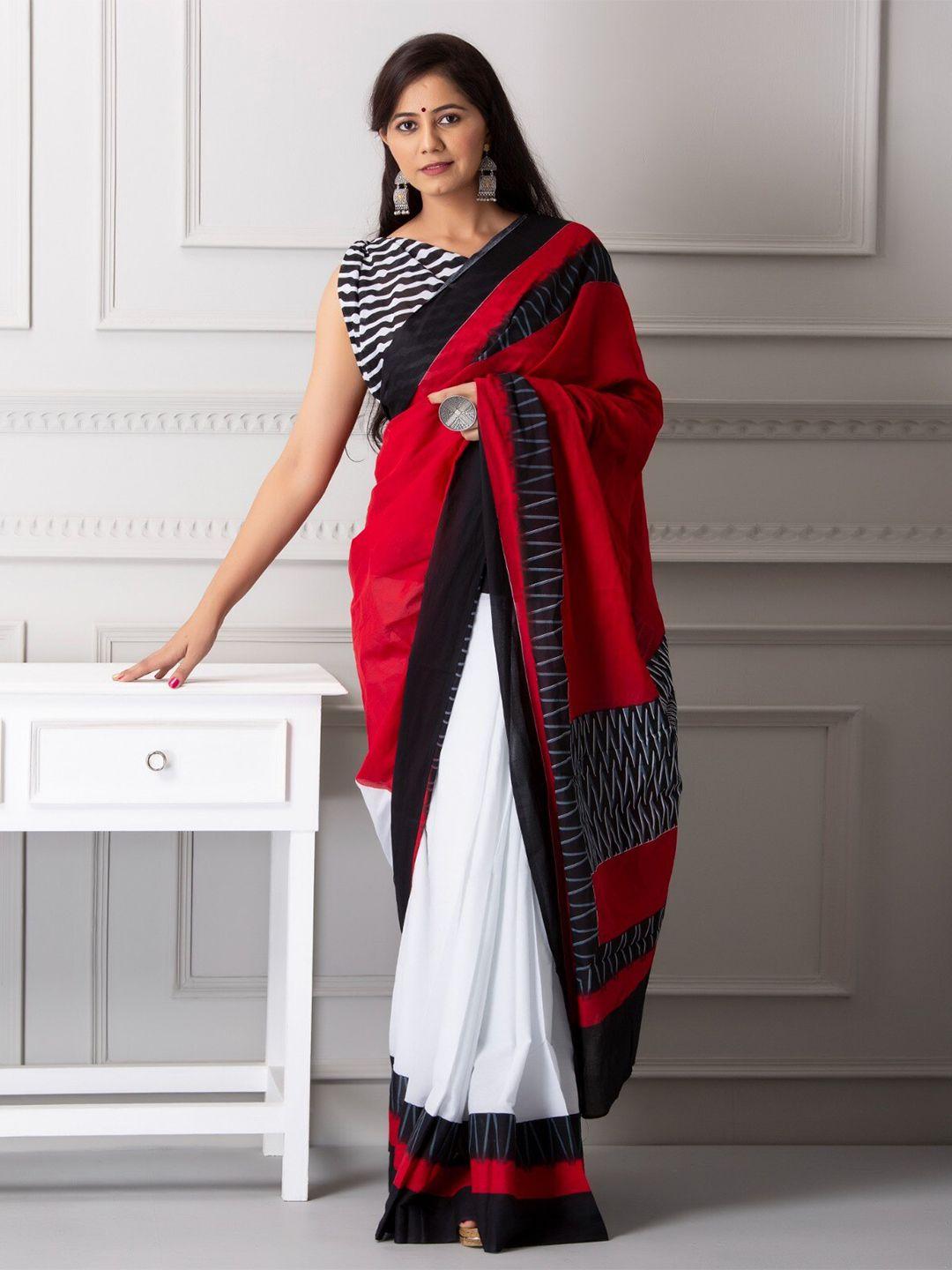 jalther colourblocked pure cotton block print saree