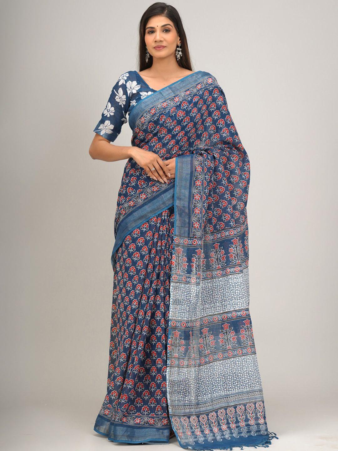 jalther ethnic motifs block printed zari cotton linen saree