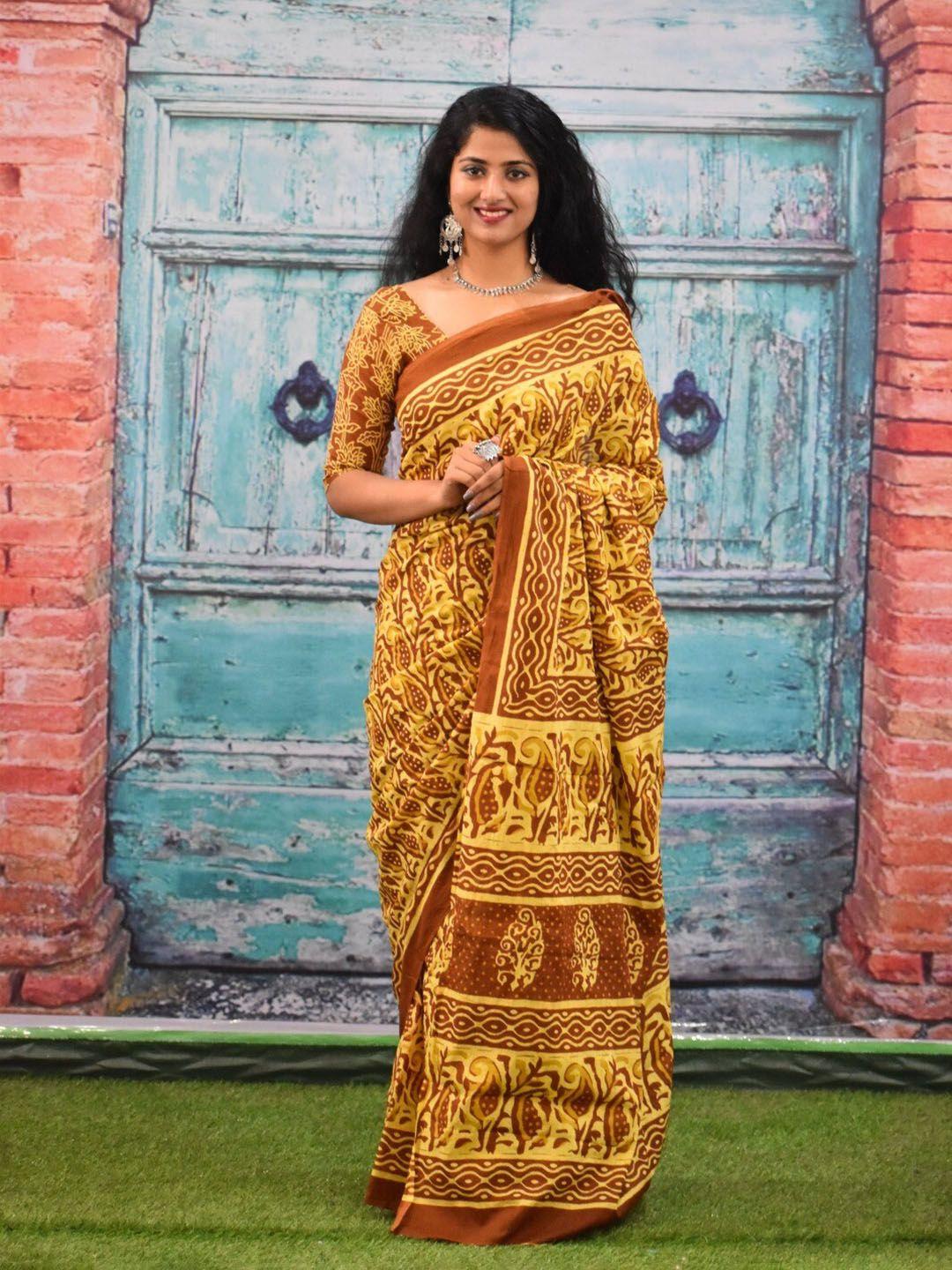 jalther ethnic motifs pure cotton block print saree