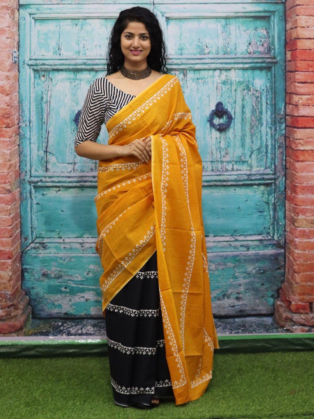 jalther ethnic motifs pure cotton half and half block print saree