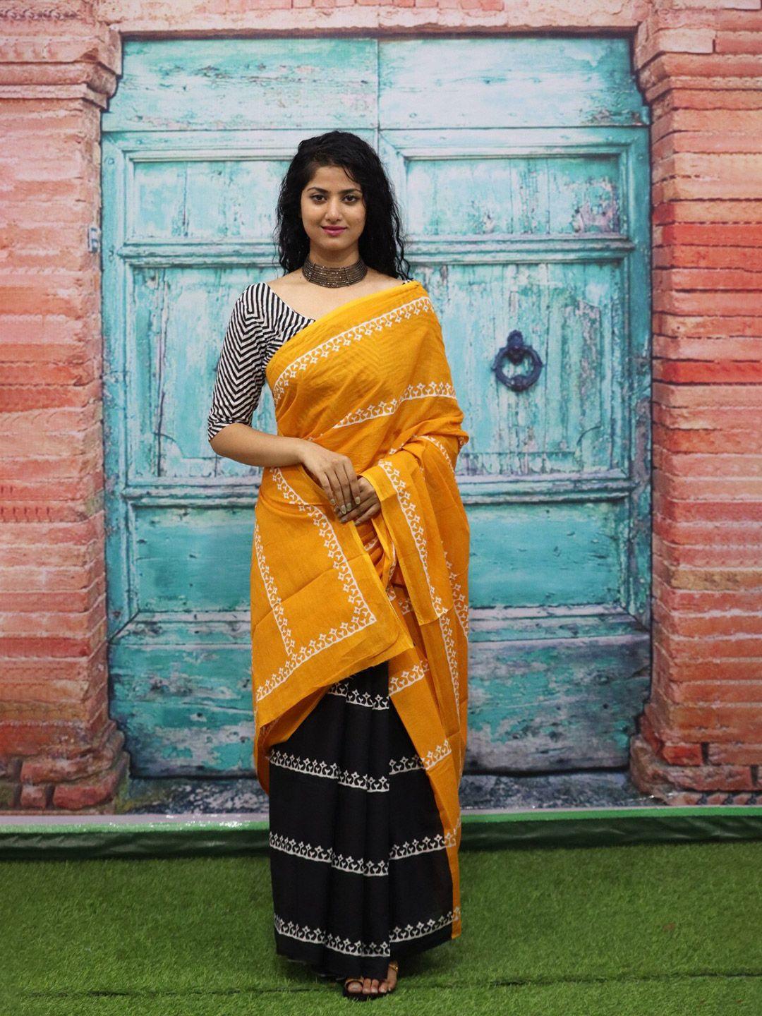 jalther ethnic motifs pure cotton half and half block print saree