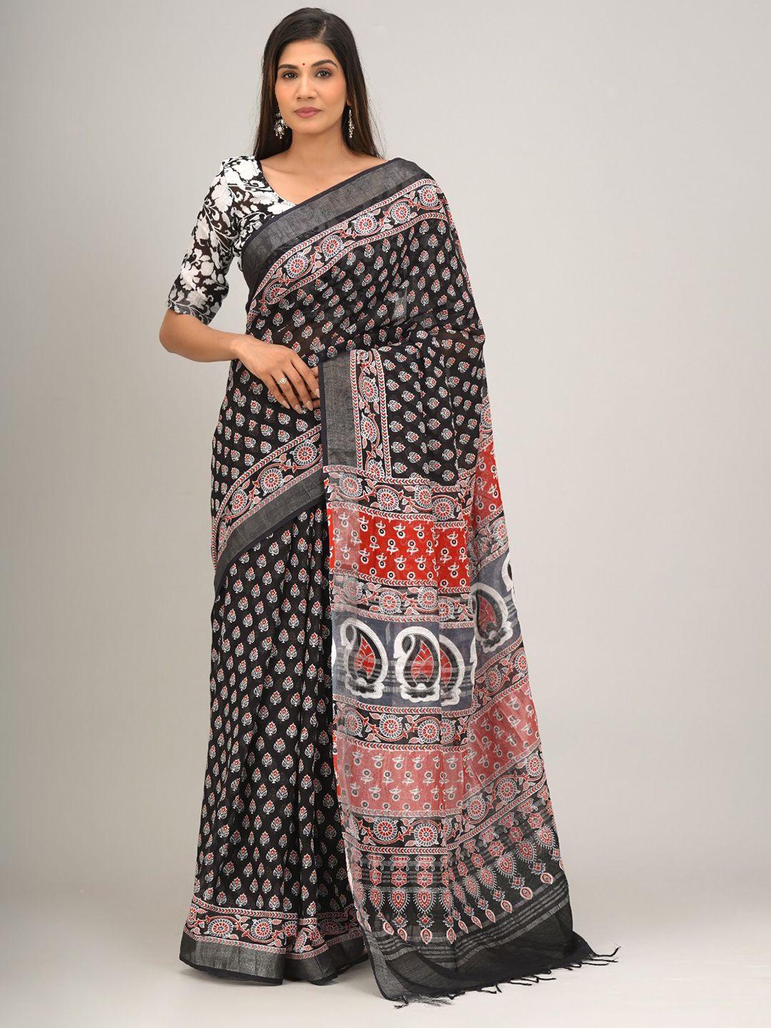 jalther ethnic motifs zari linen blend block print saree